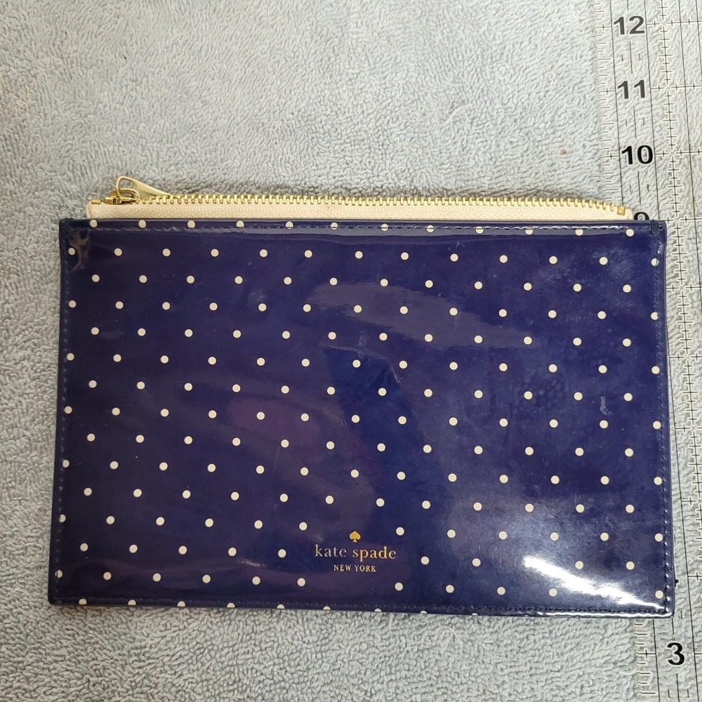Kate Spade Navy Blue Polka Dot Patent Leather Zipper Pouch Clutch Bag